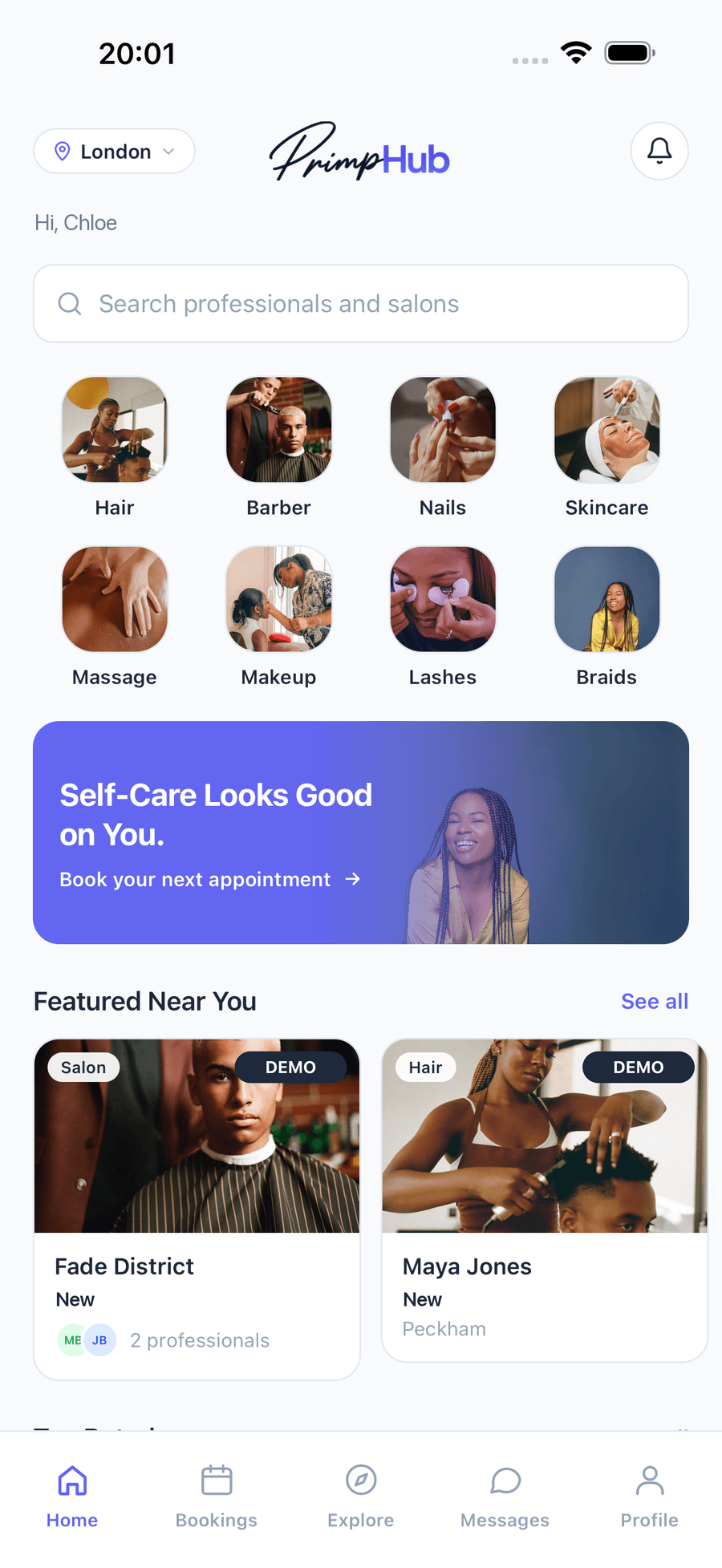The PrimpHub mobile app home screen, with search, service categories and professionals near you