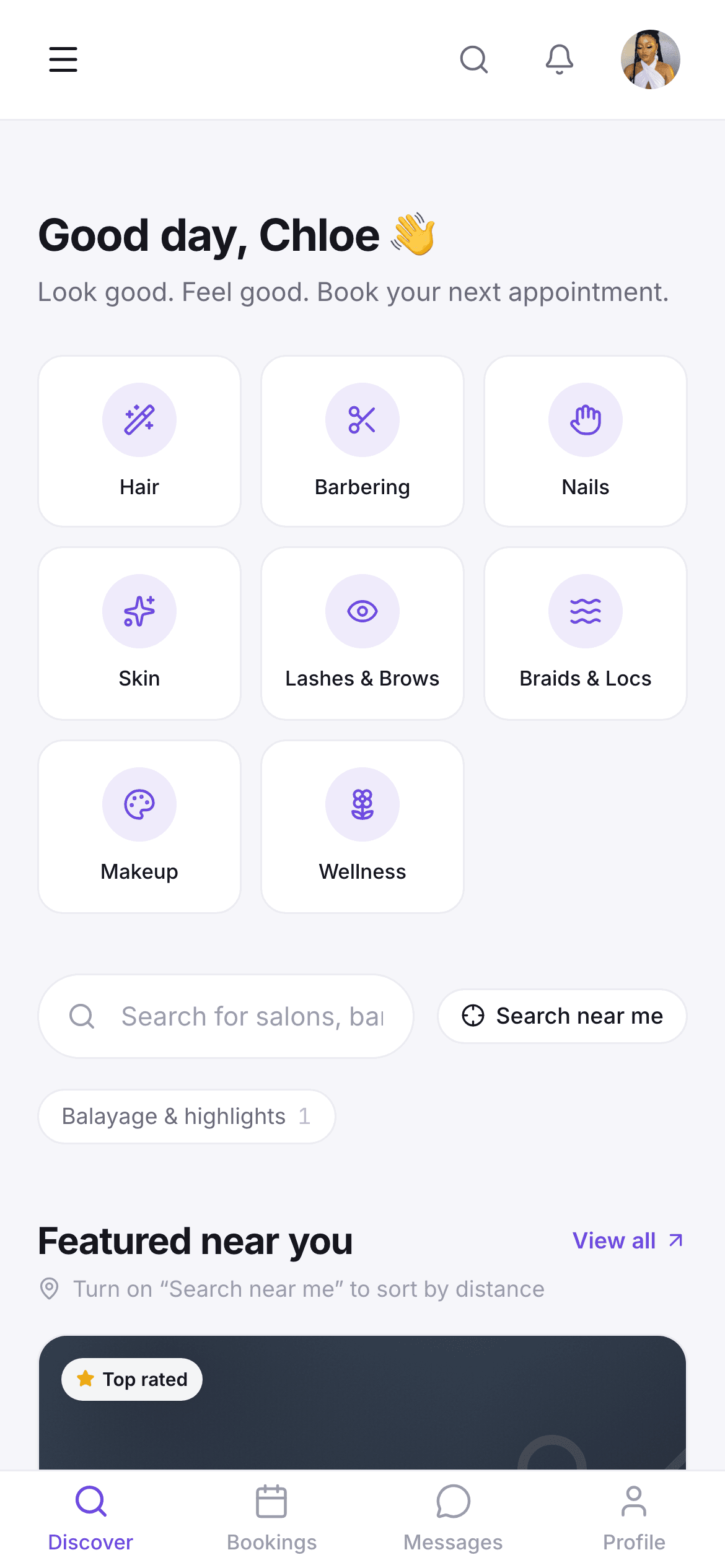 The PrimpHub mobile app, showing service categories and nearby professionals