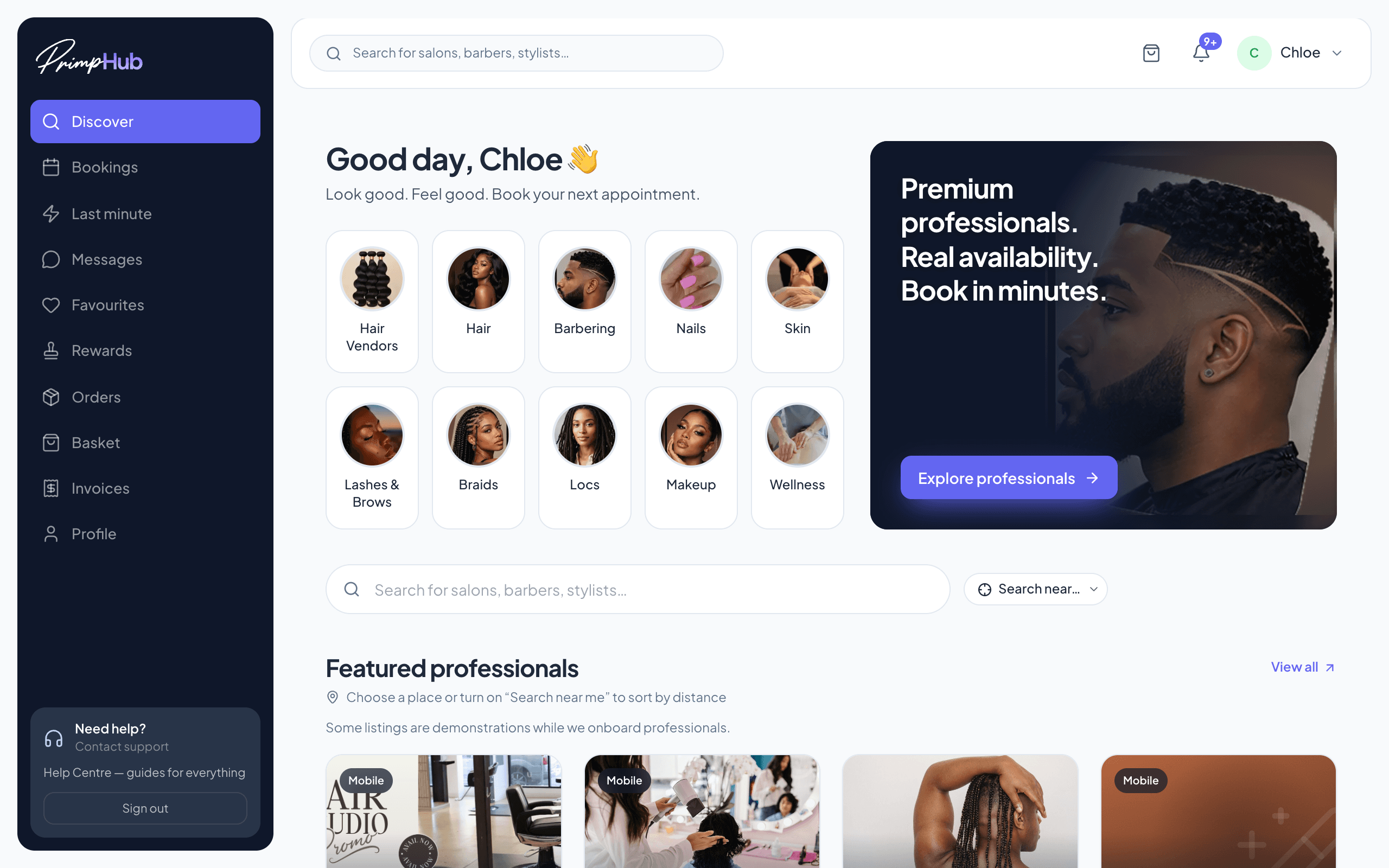 The PrimpHub web app: a signed-in customer's Discover page, with categories and featured professionals